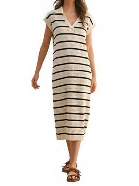 NEW MIOU MUSE crochet knitted collared dress in white/black
